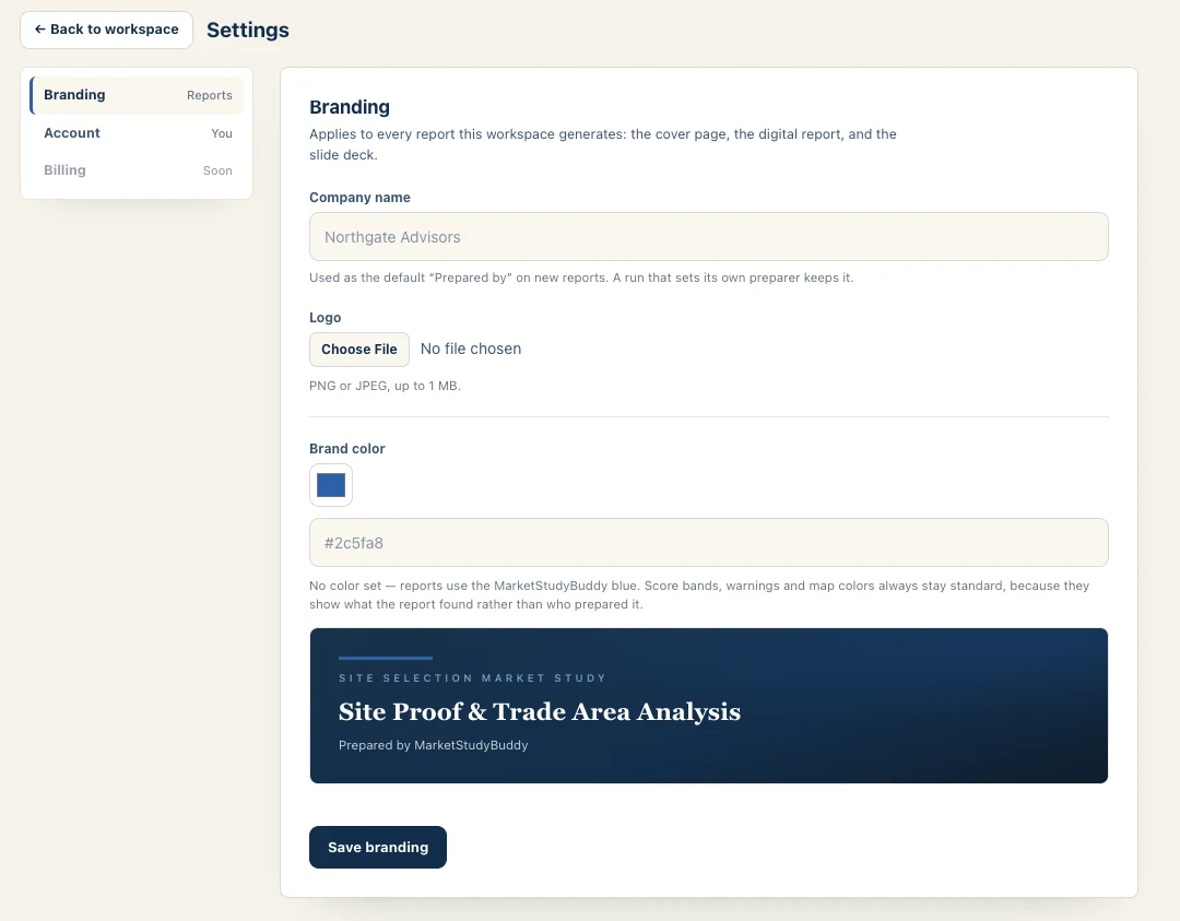 The MarketStudyBuddy branding settings with controls for a company name, logo, brand color, and a live report-cover preview.